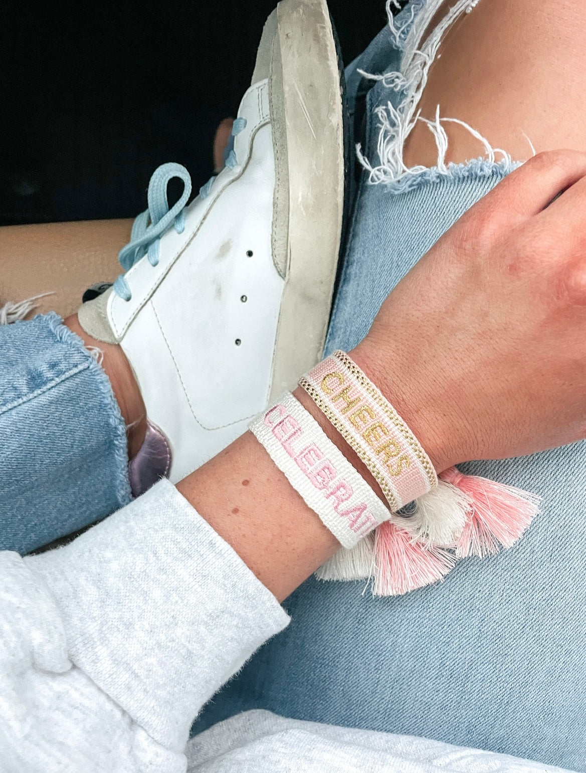 Blush with White & Gold Tassel Bracelet