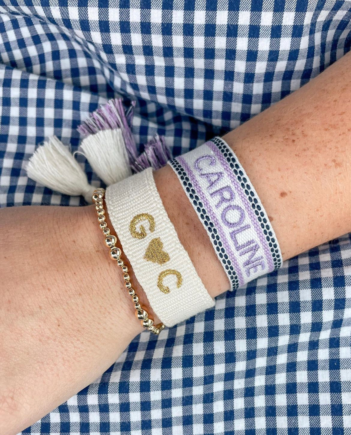 White with Lavender & Navy Tassel Bracelet